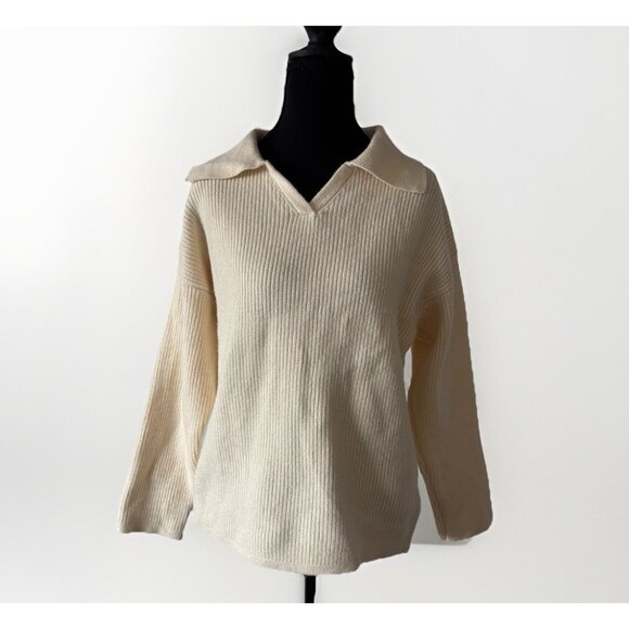 Lucca Women’s V Neck Sweater Polo Collar Size XS Beige Academia Neutrals Capsule - Picture 1 of 14